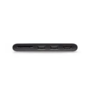 Moshi USB-C-multimediaadapter med HDMI-port, SD-kortplats och USB-portar på en kompakt svart hubb