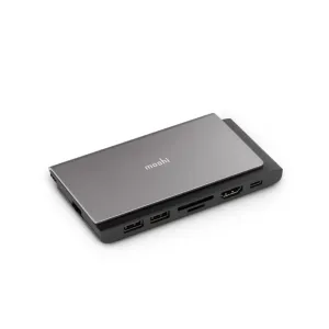 Moshi Symbus Mini 7-i-1 USB-C-hubb med HDMI, Ethernet, USB-A och SD-/microSD-portar i ett kompakt silver- och svart hölje.