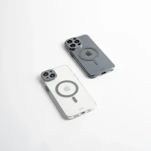Moshi iGlaze tunt transparent skal till iPhone 15 med ring i MagSafe-stil, visas i vitt och mörkgrått