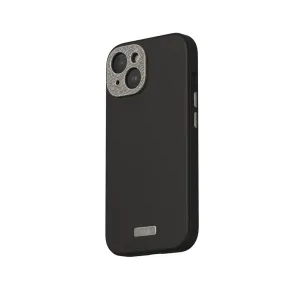 Moshi Napa iPhone 15-skal i midnattsvart, med texturerad finish, upphöjd kamerautskärning och logoplatta i metall.