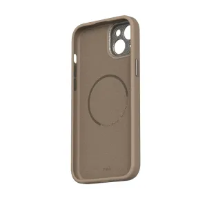 Moshi Napa-skal i färgen Woodsmoke Brown för iPhone 15 Plus med texturerat veganskt läder och MagSafe-stöd