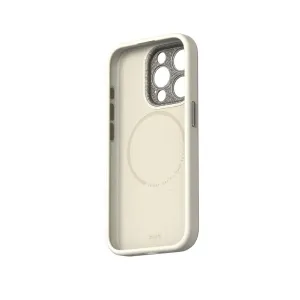 Moshi Napa veganskt läderfodral för iPhone 15 Pro i äggtoddyvitt, visat med kamerautskärning och knappskydd.