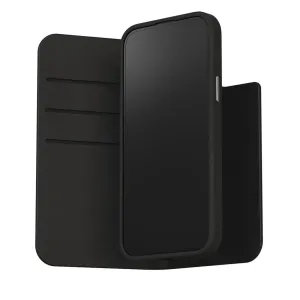 Moshi Overture plånboksfodral för iPhone 15 Plus i midnattssvart, visas stängt med fodrallock i foliostil