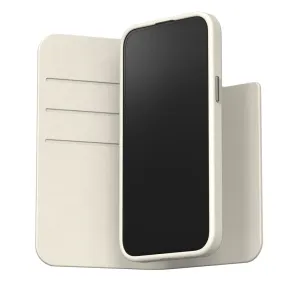 Moshi Overture plånboksfodral för iPhone 15 Plus i äggtoddyvitt, med stödflik och kortfack