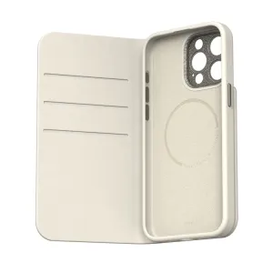 Moshi Overture plånboksfodral för iPhone 15 Pro Max i äggtoddyvit, öppnat för att visa kortfack och MagSafe-ring.