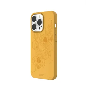 Pela Hive Edition – gult skal till iPhone 13 Pro med bikakemönster och blommigt bimönster