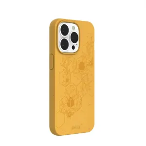 Pela Classic Hive Edition Honey-skal för iPhone 13 Pro, gult med bikakemönster med bin och blommor