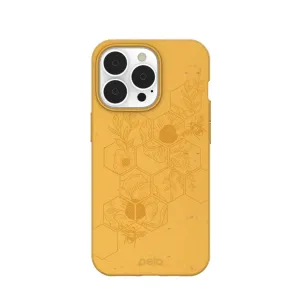 Pela Classic Hive Edition Honey iPhone 13 Pro-skal med gult bikakemönster och blommigt bimönster