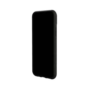 Pela Slim komposterbart iPhone 11 Pro-skal i svart, visat ur en vinkel med matt, spräcklig yta och utskärningar för knappar.