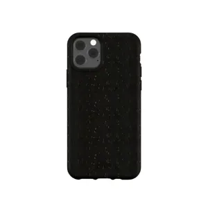 Pela tunt komposterbart skal till iPhone 11 Pro i svart, vy bakifrån med spräcklig yta och utskärning för trippelkamera