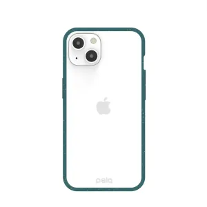 Pela genomskinligt komposterbart iPhone-skal med mörkt blågrön kant, urtag för bakkamera och transparent baksida.