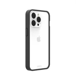 Pela transparent mobilskal med svart stötfångare på en vit iPhone 13 Pro, med transparent baksida och kamerautskärning