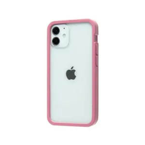 Pela Clear-skal för iPhone 12 mini med transparent baksida med rosa kant, visat på en ljus iPhone.