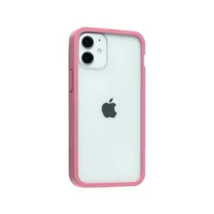 Pela Clear-skal för iPhone 12 mini i transparent design med rosa kanter, visat bakifrån på en vit iPhone