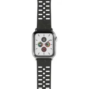„Pela Vine“ laikrodžio dirželis 44 mm Apple Watch, juodas perforuoto stiliaus, ant sidabrinio laikrodžio korpuso
