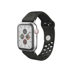 Pela Vine juodas perforuotas laikrodžio dirželis, skirtas 44 mm Apple Watch, pavaizduotas ant sidabrinio išmaniojo laikrodžio