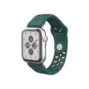 Žalia tekstūruota „Pela Vine“ Apple Watch apyrankė ant sidabrinio Apple Watch su reguliuojamomis skylutėmis