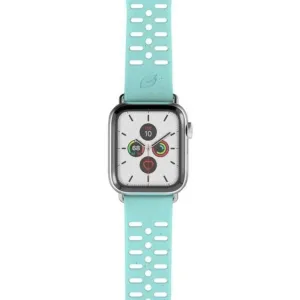 Šviesiai mėlyna perforuoto dizaino Pela Vine apyrankė, skirta Apple Watch, su Pela logotipu
