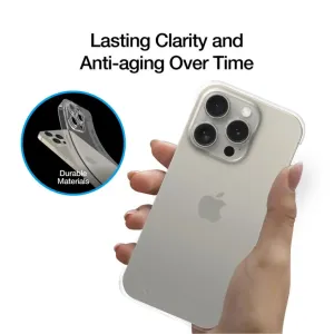 Just Mobile TENC Slim Fit transparent iPhone 15 Pro-skal på en ljusgrå telefon, visat med markering för tåliga material