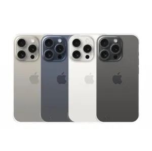 Just Mobile TENC Slim Fit iPhone 15 Pro-skal visas i fyra färger med upphöjt kameraskydd och Apple-logotyp