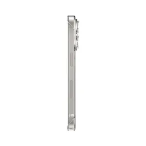 Just Mobile TENC Slim Fit genomskinligt iPhone 15 Pro-skal i sidovy, med slimmad profil och upphöjda knappskydd.