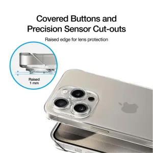 Just Mobile TENC Slim Fit transparent iPhone 15 Pro-skal med upphöjd kamerakant och precisa utskärningar
