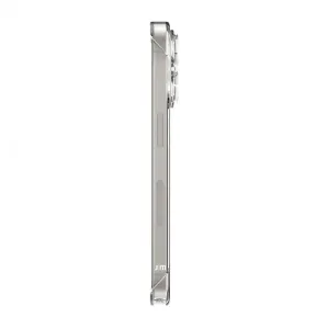 Just Mobile tENC Slim Fit transparent iPhone 15 Pro Max-skal, sidovy med smal profil och linsskydd