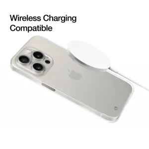 Just Mobile TENC Slim Fit transparent skal för iPhone 15 Pro Max med trådlös laddningspuck på baksidan