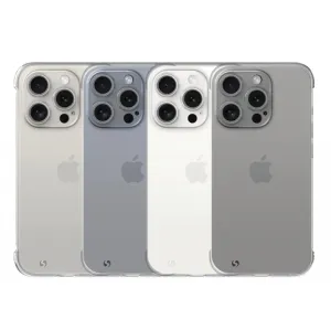 Just Mobile TENC Slim Fit-skal för iPhone 15 Pro Max, visat i fyra frostade, transparenta utföranden