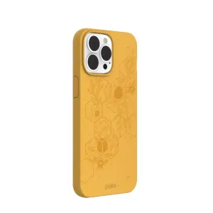 Pela Classic Hive Edition Honey-skal för iPhone 13 Pro Max med gult bi och blommigt hexagonmönster
