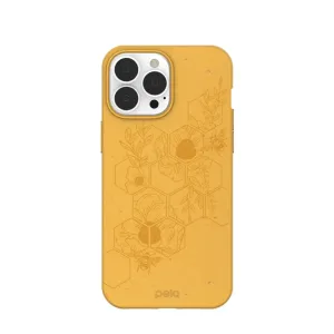 Pela Classic Hive Edition honungsfärgat mobilskal för iPhone 13 Pro Max med honungskake-, bi- och blommönster