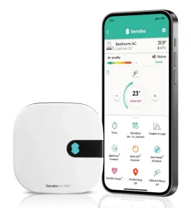 Sensibo Air Pro smart styrenhet för luftkonditionering med smartmobilapp som visar luftkvalitet och klimatinställningar