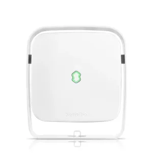 Sensibo Element-luftkvalitetssensor i vitt på ett stativ, med grön indikator och präglad Sensibo-logotyp.