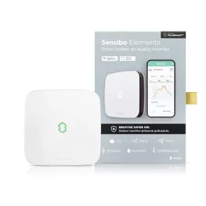Sensibo Elements vit luftkvalitetsmätare med butiksförpackning på en svart, reflekterande bakgrund