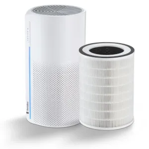 Sensibo Pure vit luftrenare med HEPA- och kolfilter visas bredvid ett separat ersättningsfilter