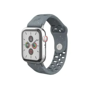 Pela Vine kompostuojamas pilkos spalvos Apple Watch dirželis su magnetiniu užsegimu, pavaizduotas pritvirtintas prie sidabrinio Apple Watch.