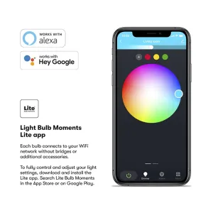 Grafik som visar appkompatibilitet för den smarta glödlampan Lite Bulb Moments med Alexa- och Google-logotyper samt en kontrollskärm med färghjul