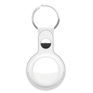 KeyBudz AirTag-nyckelringshållare i vitt läder med snäpplåsstängning och metallring, visad mot vit bakgrund.