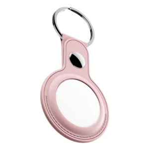 KeyBudz AirTag-nyckelringshållare i rosa läder med metallring, visad som en enskild studioprodukt