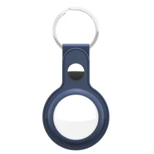 KeyBudz koboltblå AirTag-nyckelringshållare i läder med silverfärgad metallring och sydda kanter