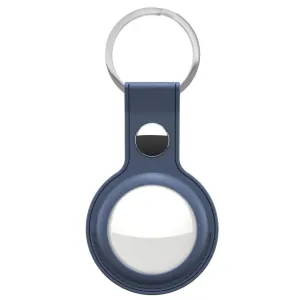 KeyBudz AirTag-nyckelringshållare i läder i koboltblått med tryckknapp och nyckelring, med en insatt AirTag