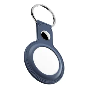KeyBudz blå AirTag-nyckelringshållare i läder med silverfärgad ring och sydda kanter mot vit bakgrund