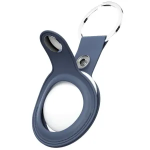 KeyBudz koboltblå AirTag-nyckelringshållare i läder med tryckknappsstängning och silverfärgad nyckelring