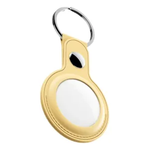 KeyBudz pastellgul AirTag-nyckelringshållare i läder med silverfärgad nyckelring och sydda kanter