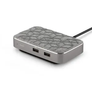 Moshi Symbus Q USB-C-hubb med Qi-laddning, texturerad grå docka med portar och ansluten kabel