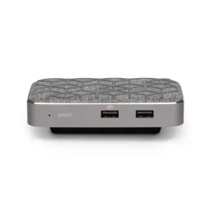 Moshi USB-C-hubb med Qi-laddning, texturerad ovansida och dubbla USB-portar, visad mot en vit studiobakgrund.