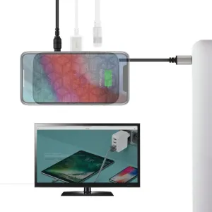 Moshi Symbus Q USB-C-hubb med Qi-laddning ansluten till en smarttelefon och en bildskärm för anslutning i dockat läge