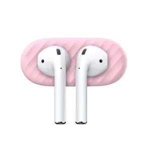 KeyBudz AirDockz rosa magnetisk hållare för AirPods med två vita hörlurar, utformad för säker dockning