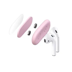 KeyBudz AirDockz rosa magnetisk AirPods-hållare i sprängvy med vita hörsnäckor och vänster-/högermarkeringar