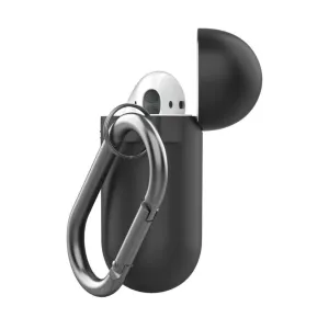 KeyBudz svart AirPods-fodral med öppet lock, synlig öronsnäcka och fastsatt karbinhake som nyckelring